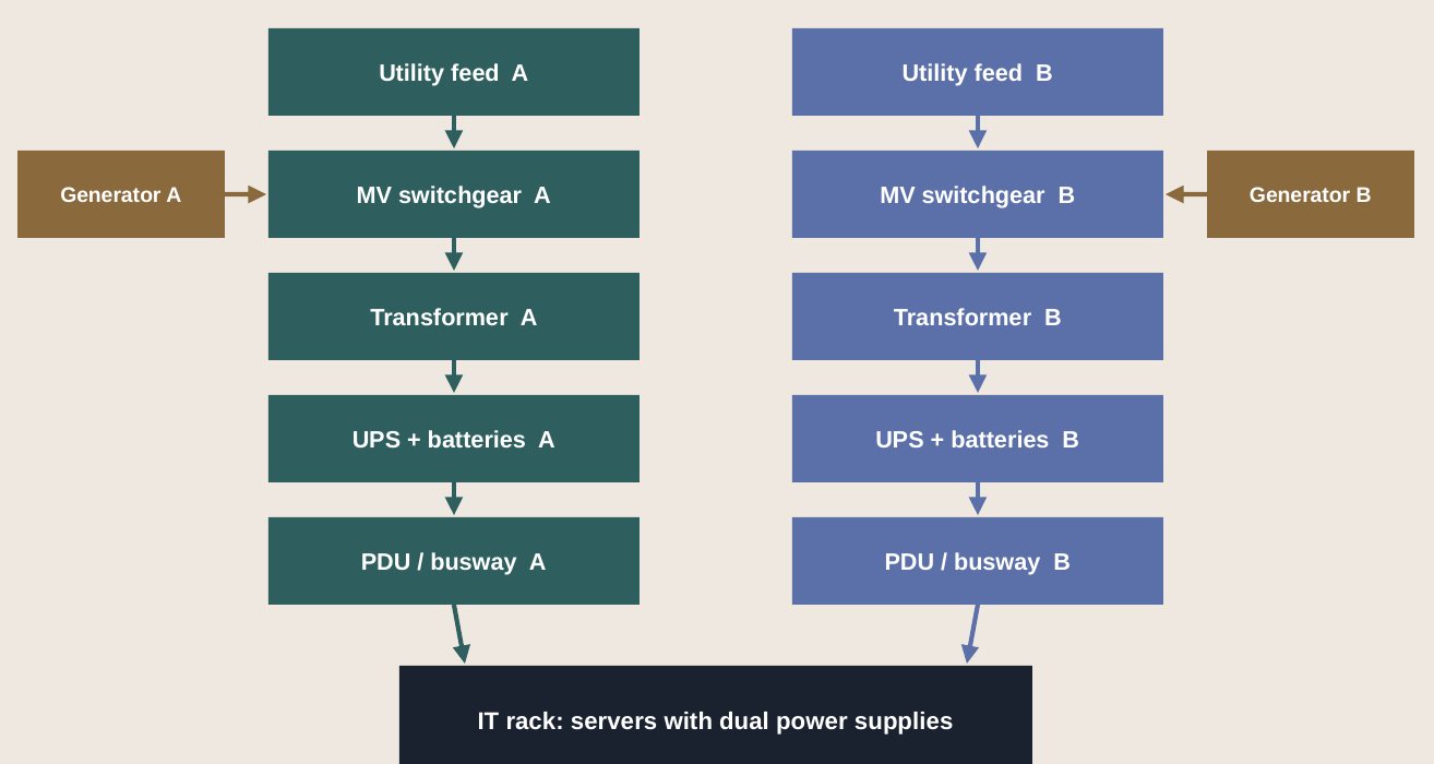 One-line diagram of two parallel power paths, A and B, each with utility feed, MV switchgear, transformer, UPS and batteries, and PDU/busway, plus a generator per path, both feeding one IT rack with dual power supplies.