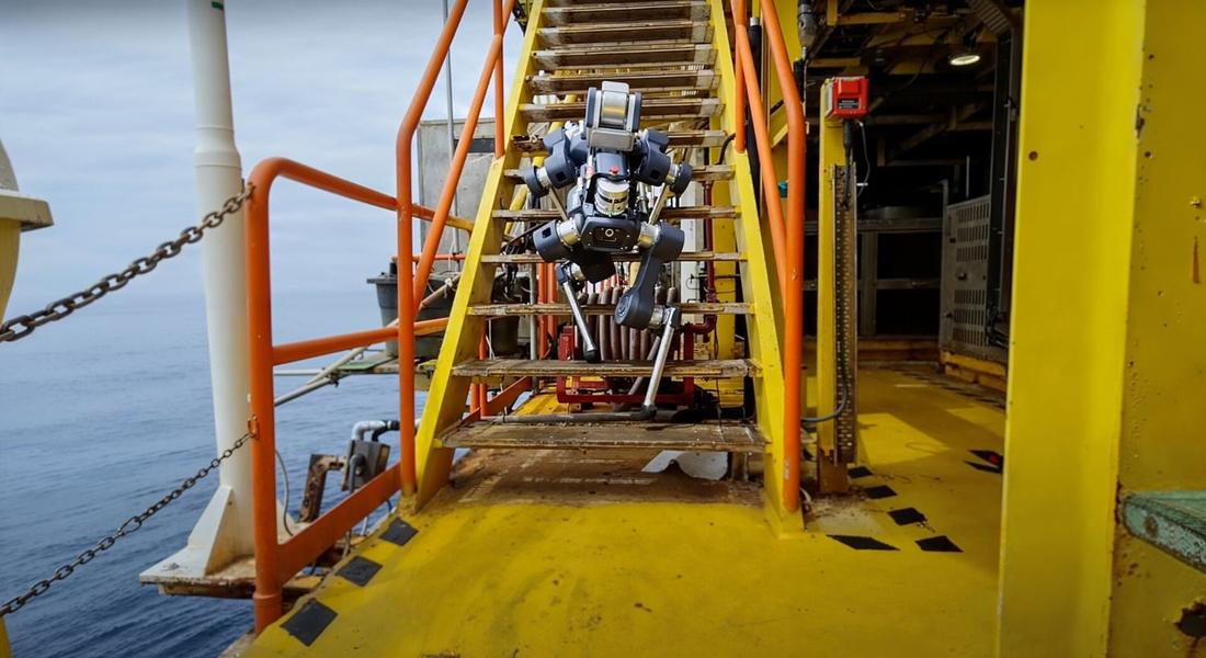 ANYmal X on an offshore platform stairway. Where: Offshore rig (per Commons description)